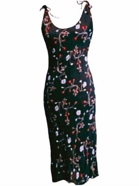 Vintage Y2K Bias Cut Floral Shoulder Ties 90s Dress Dark Navy Blue Red Flowers 6